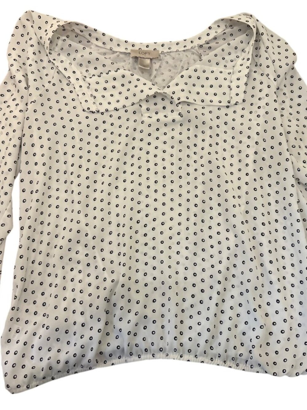 LOFT Blouse Top M Polka Dot Long Sleeve White & Black Career Chiffon V-Neck Fall